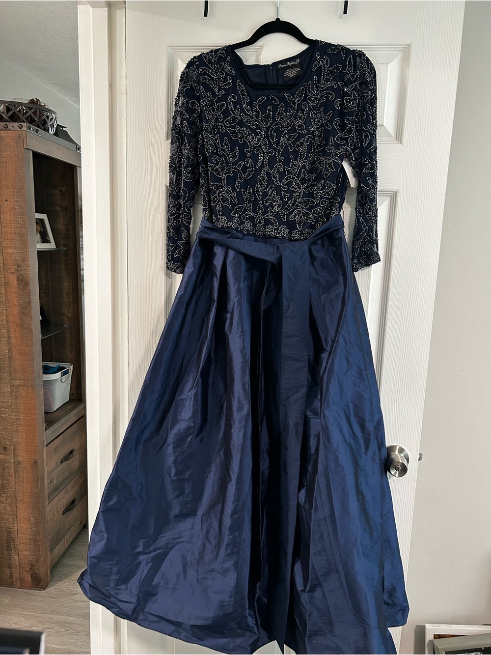 Pisarro Nights Elegant Navy Blue Beaded Bodice Taffeta Evening Gown